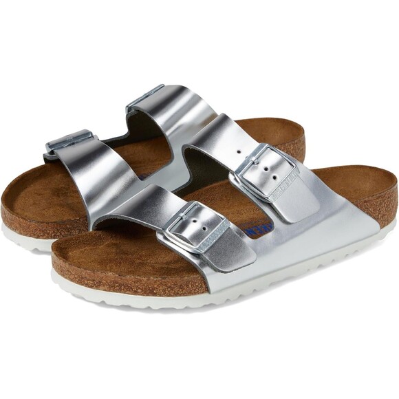 Birkenstock Women's Arizona Buckle Narrow Fit Birko Flor Sandals SILVER - Picture 2 of 7
